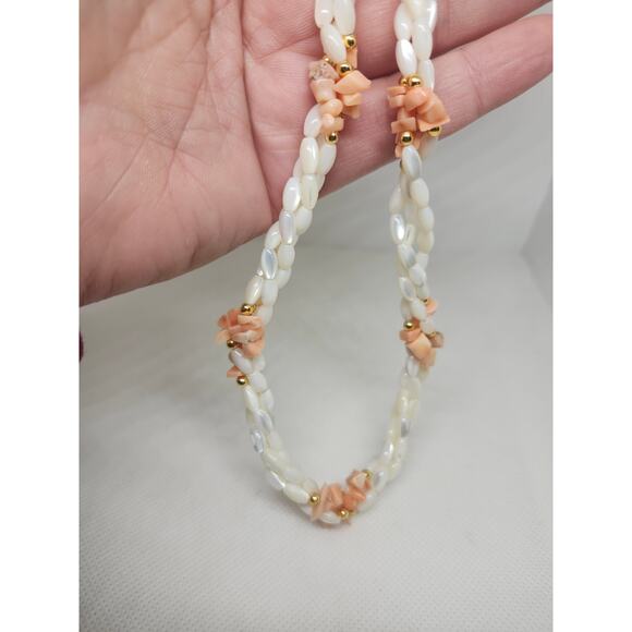 Vintage Mother of Pearl Coral Goldtone Beaded 3 Strand Twisted 22" Necklace - Picture 6 of 7